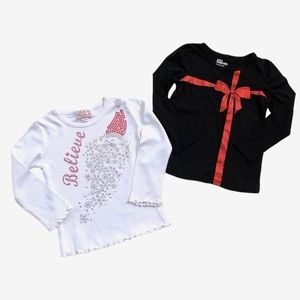 2 Christmas Tees White Jeweled Santa & Black Bow 4T
